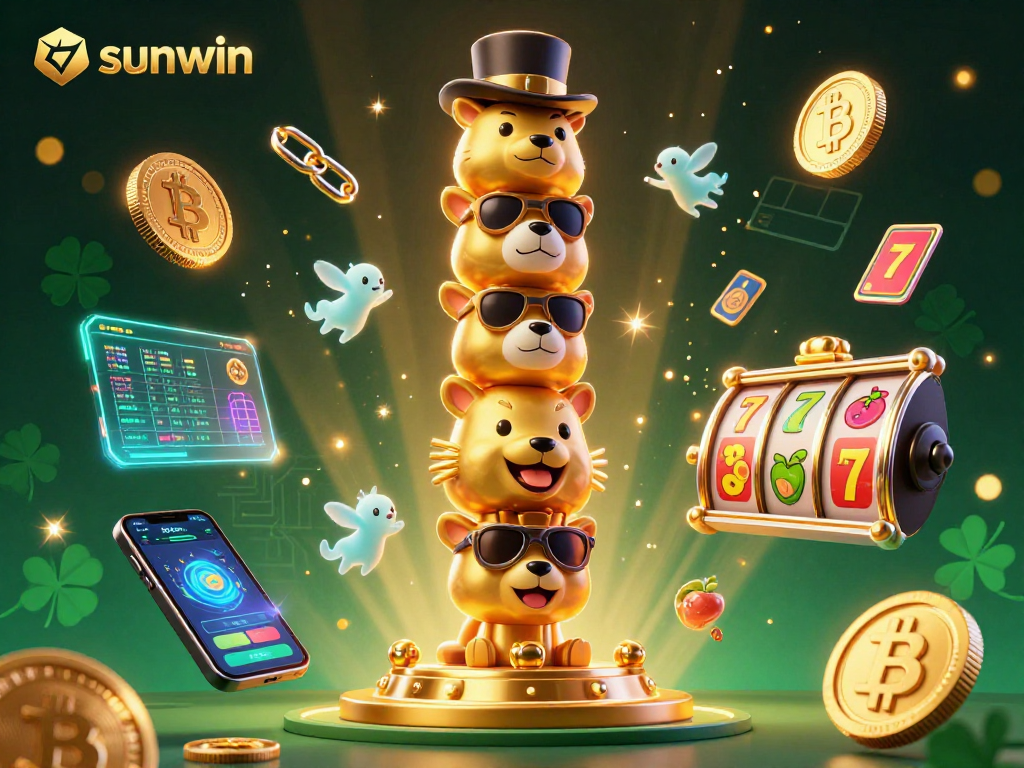 Win big with sunwin's lively 3D casino illustration showcasing Bitcoin elements and dynamic game symbols.
