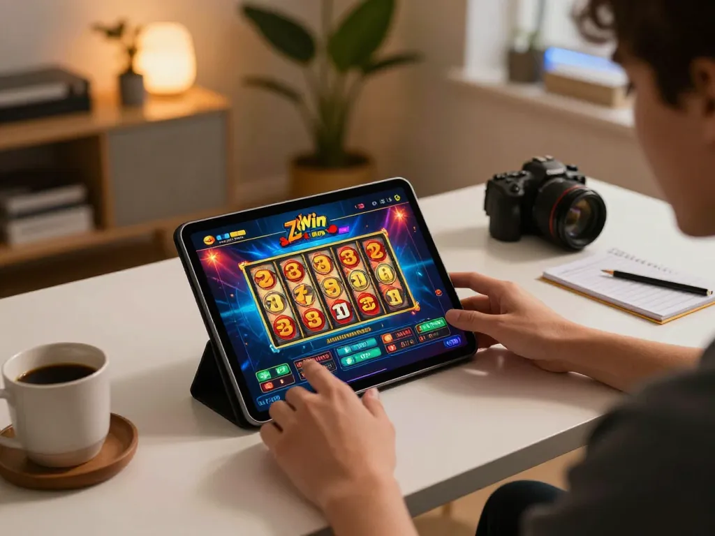 Engaging scene of a player enjoying the Zo Win casino app on a tablet in a stylish home setting, showcasing fun gaming elements.