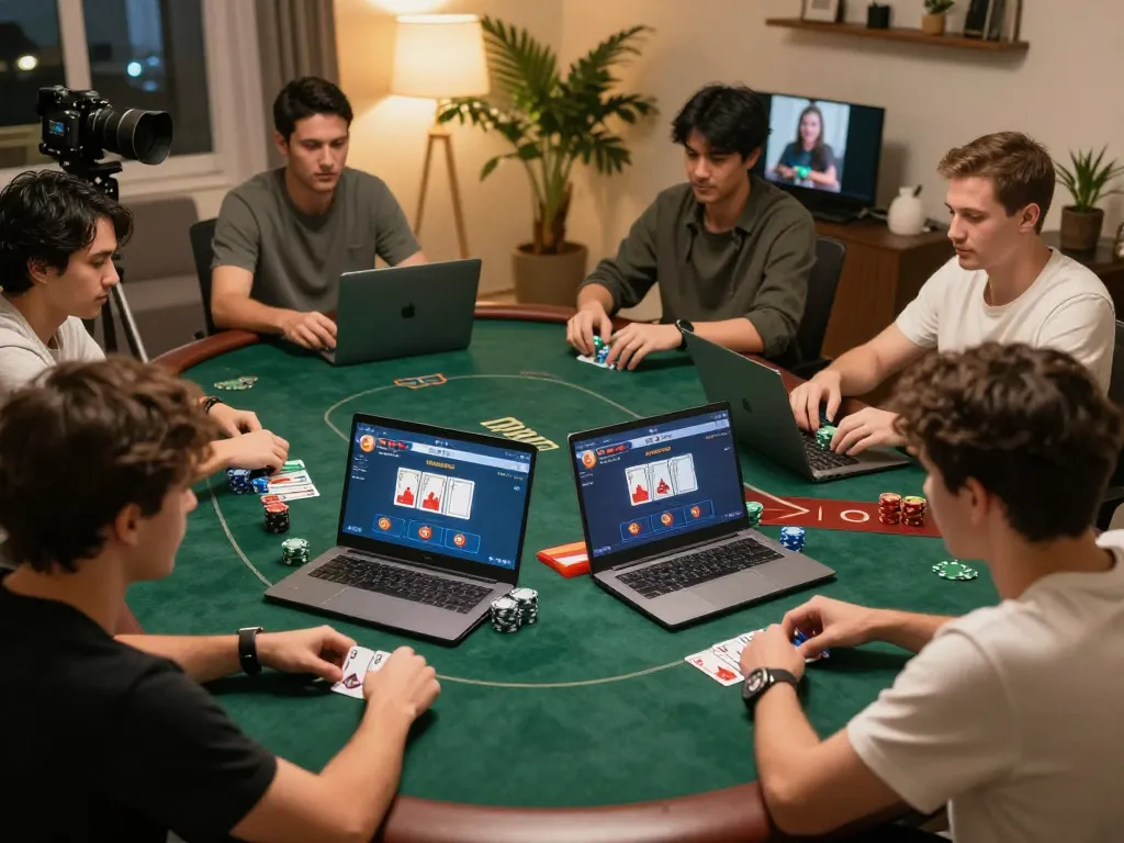 Engaging sun win online poker night scene with players using laptops, showcasing strategic gameplay.