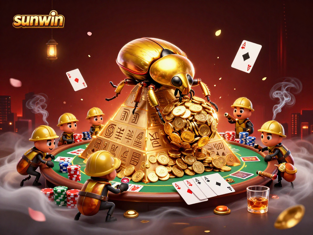 sunwin showcases a beetle team gaming on a gold coin pyramid, symbolizing luck and fortune.