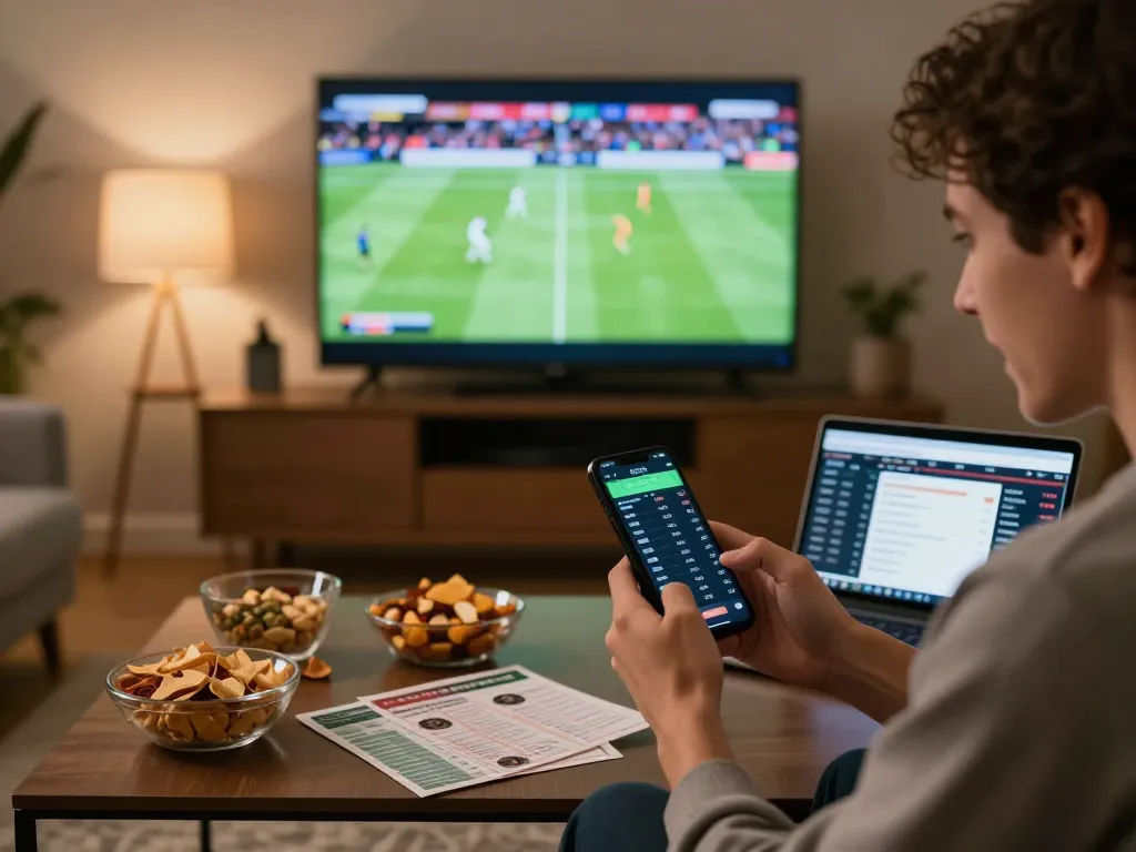 Engaging in tin soi kèo sports betting from a cozy living room setup, showing excitement and strategy.