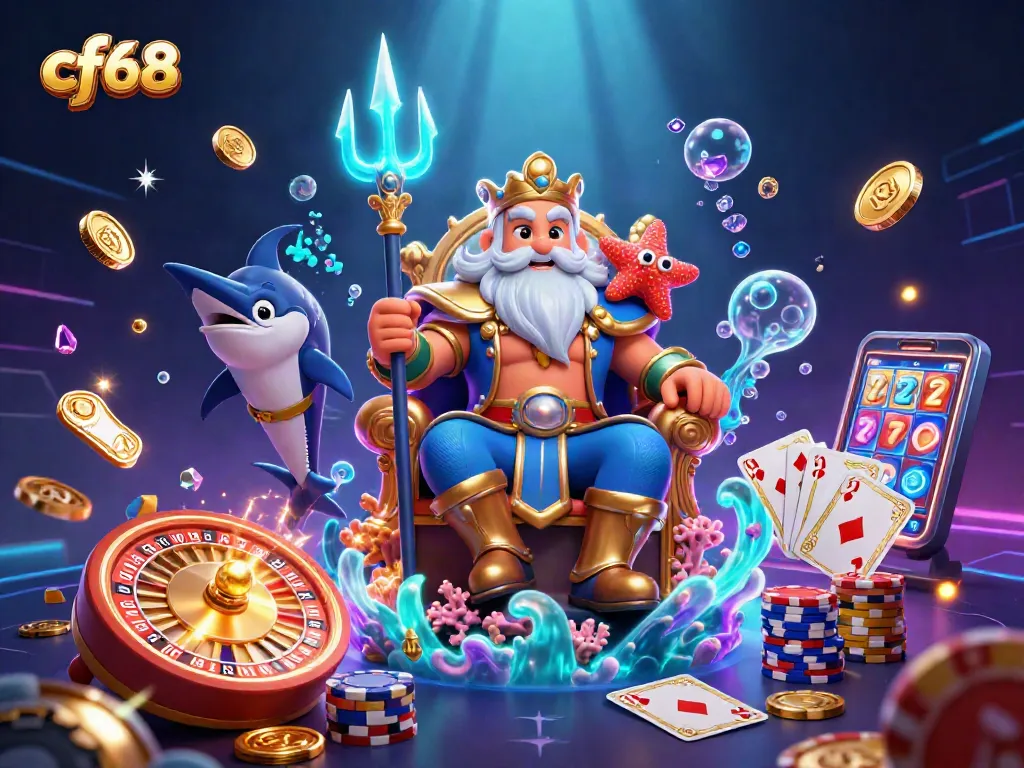 Spin to win with cf68’s exciting games featuring Neptune and treasures in this vibrant casino scene