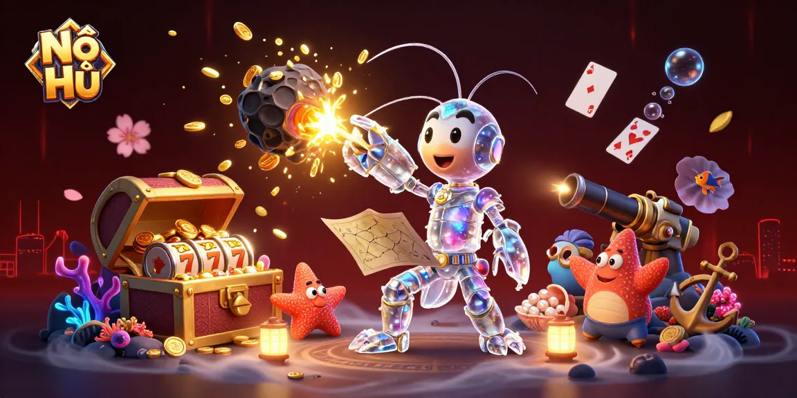 Nổ Hũ unleashes a jackpot of gems and coins as our samurai shrimp battles asteroids in a vibrant, thrilling casino scene.