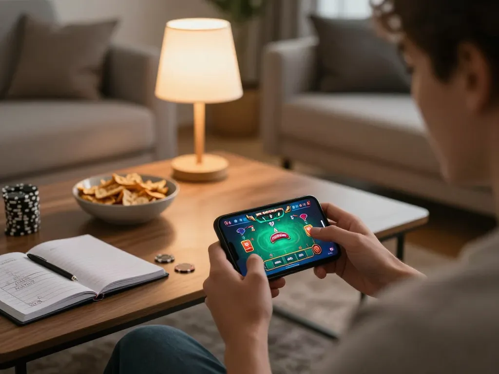 Engaging in mobile play for online poker in a cozy living room setting with strategy notes visible.