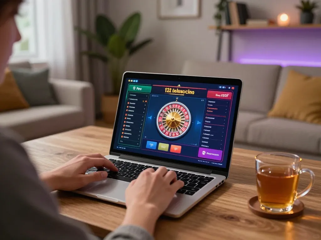 Player engaging in 12bet online casino gaming on a laptop in a cozy living room