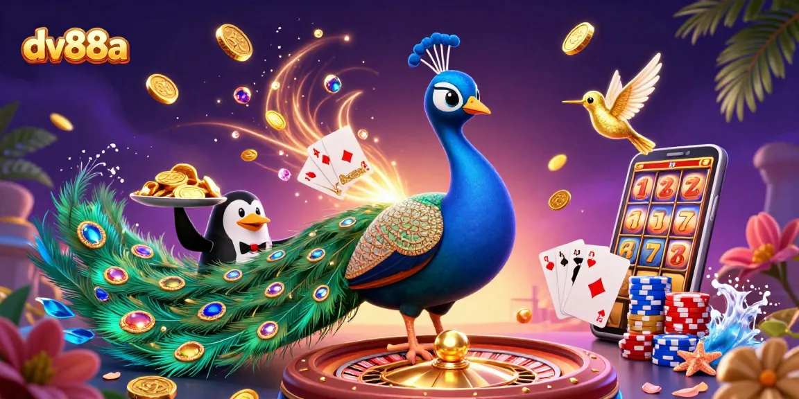 Engage in exciting gameplay with dv88a featuring a peacock, penguin, and hummingbird amidst cascading coins.