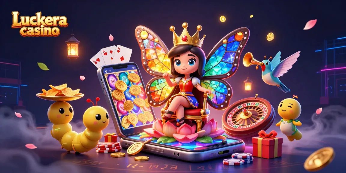 Experience the vibrant Luckera casino with a butterfly queen and dynamic gaming elements.