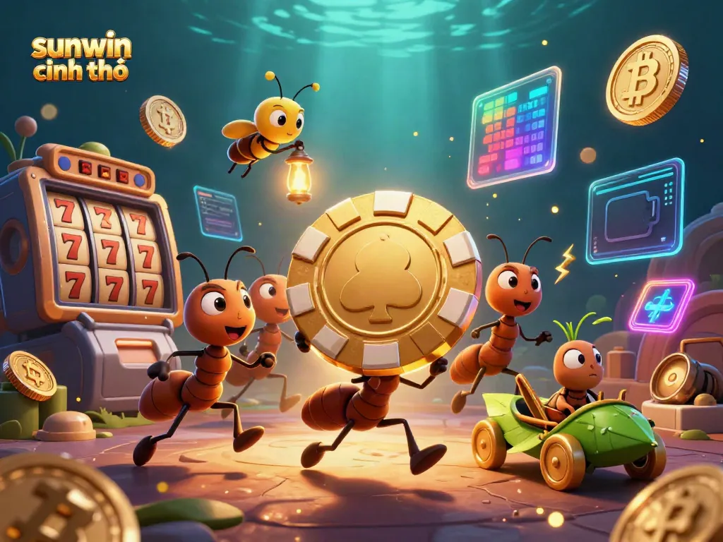 Join the thrilling heist with sunwin chính chủ as ants carry giant poker chips in a neon-lit casino.