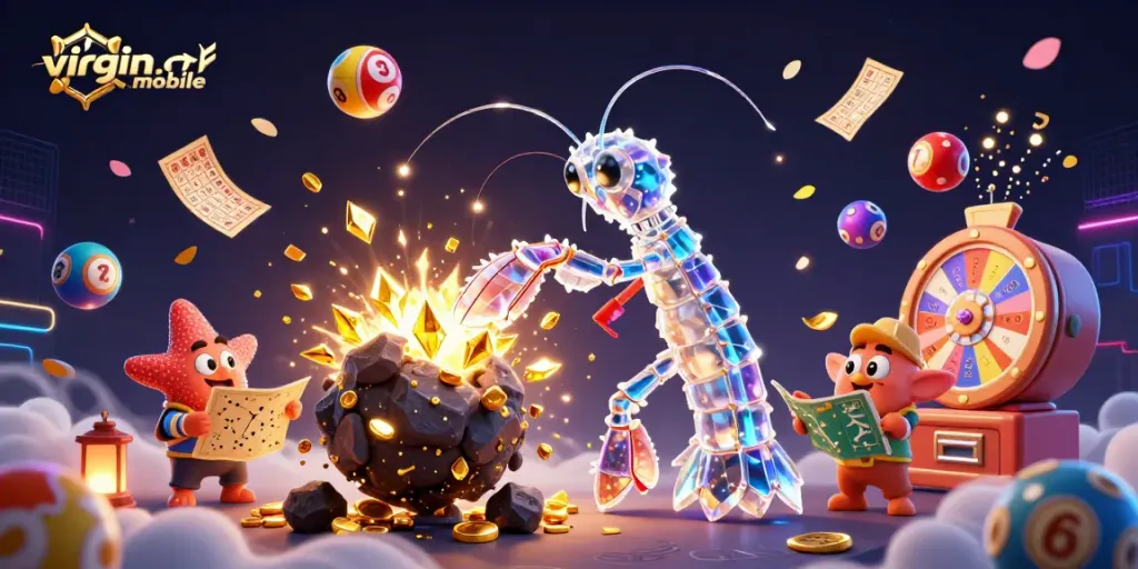 Engage with the vibrant fantasy of virgin-mobile as an intergalactic mantis shrimp battles asteroids, surrounded by colorful lottery elements.