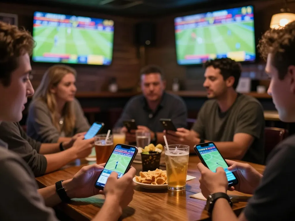 Patrons engaging with Nowgoal sports betting app while watching live games in an energetic setting.