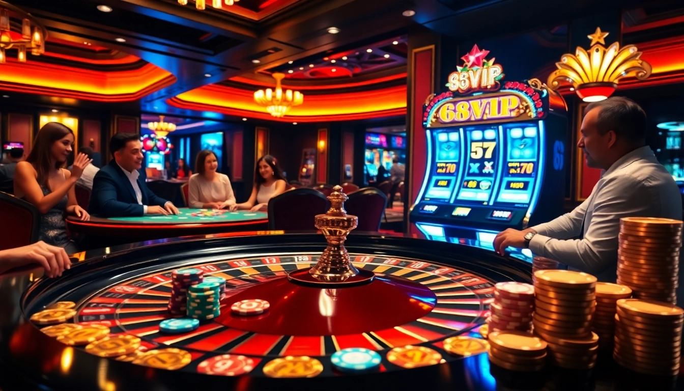Excited players enjoying the luxurious atmosphere of the 68VIP casino with poker chips and roulette.