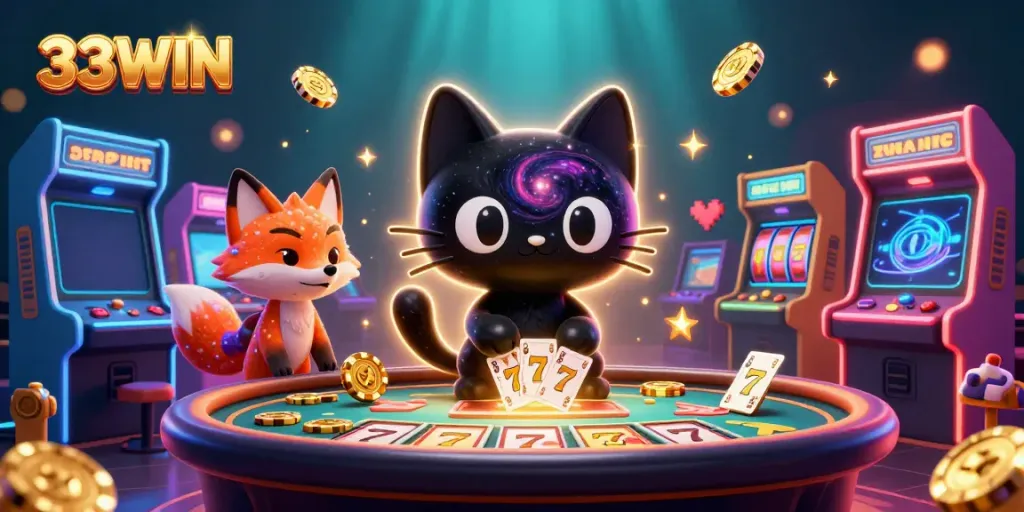 Engage in winning adventures at 33WIN with a cosmic casino featuring cartoon characters and vibrant slot elements.