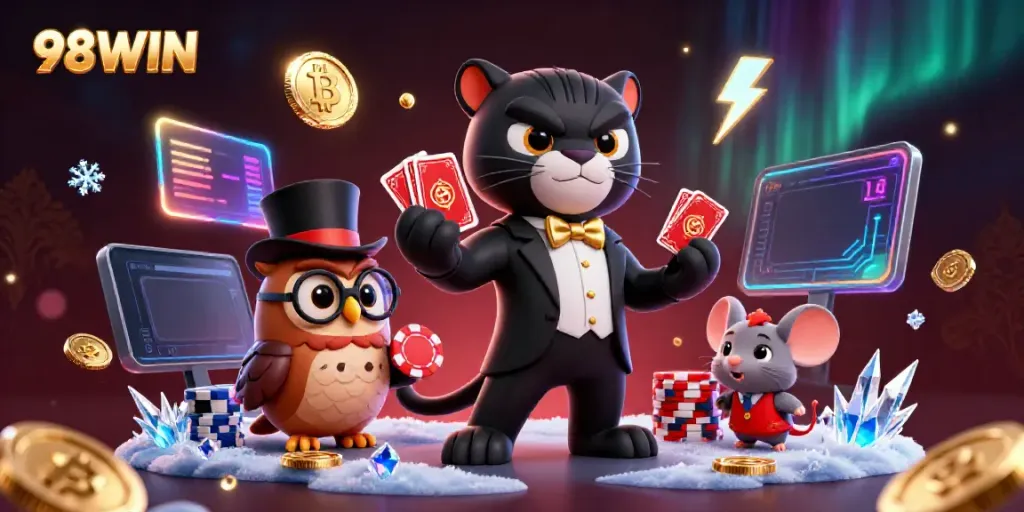 Engage with thrilling games at 98WIN, featuring cartoon characters serving cards among vibrant casino elements.