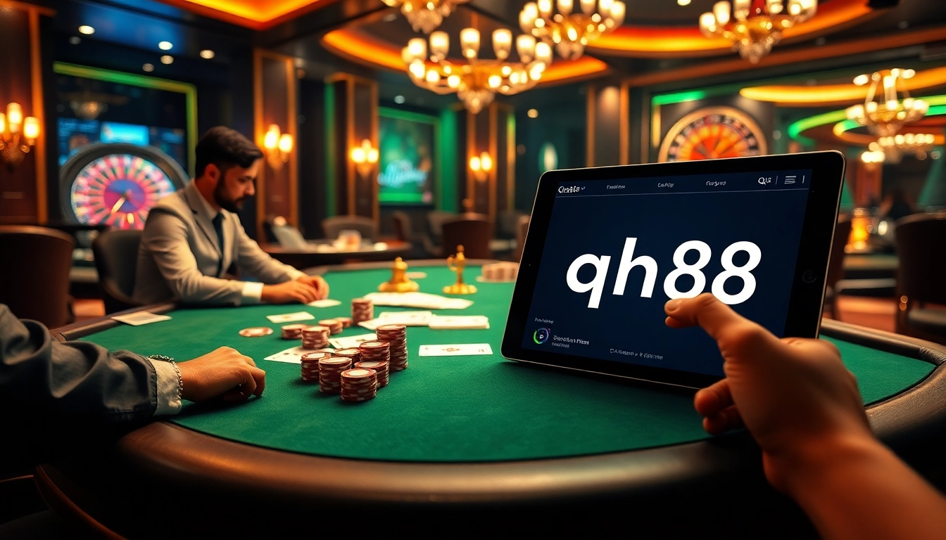 Engaged gamblers at a high-stakes poker table, strategizing on qh88 online betting platform.