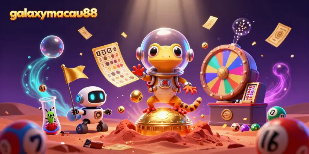 Explore gaming adventures with galaxymacau88's Martian gecko and vibrant casino elements!