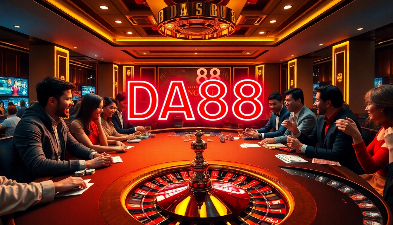 DA88 players celebrating wins at luxurious casino tables filled with poker chips and neon lights.