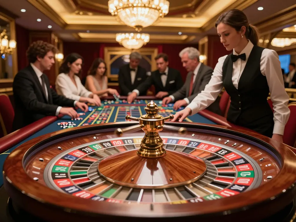 Engaging scene at a roulette table showcasing rik vip gameplay with players placing bets and a croupier spinning the wheel.