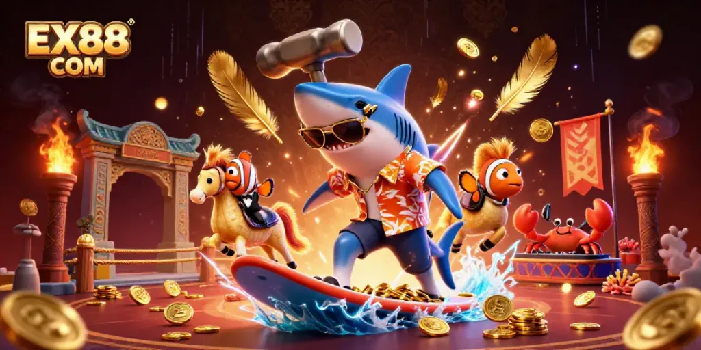 Win big at EX88 COM with a 3D illustration of a surfing shark, clownfish, and crab DJ in a vibrant casino environment.