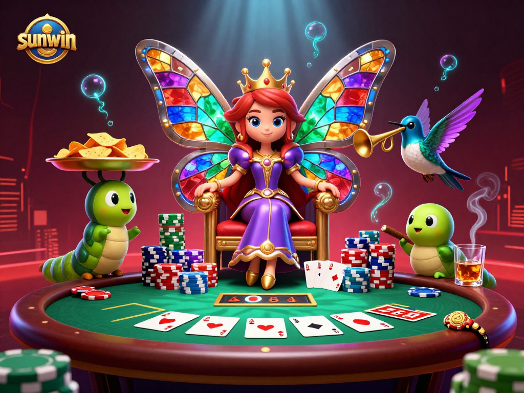 Experience sunwin's vibrant casino scene featuring a butterfly queen and poker elements in a magical setting.