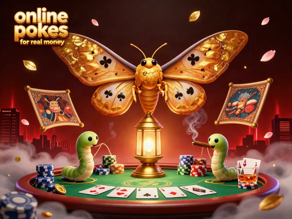 Engage in exciting online pokies for real money with a vibrant scene featuring a cartoon moth and poker elements.