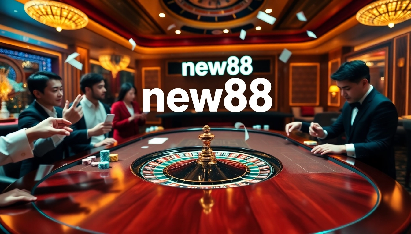 Exciting gaming scene at new88 casino with players at poker table and roulette wheel.