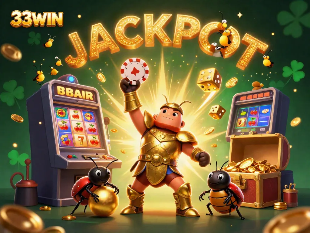 Người chơi tại 33WIN ăn mừng khi giành chiến thắng lớn với biểu tượng jackpot và hàng loạt trò chơi trực tuyến.