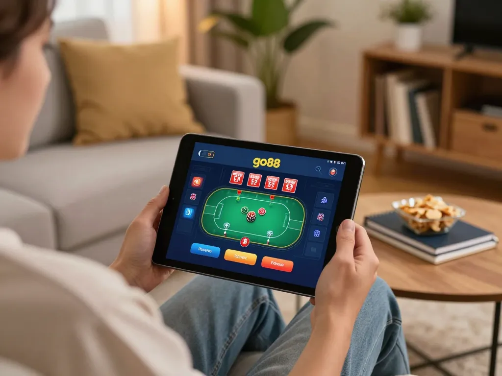 Engaged player using go88 tablet for online gaming in a cozy home setting.