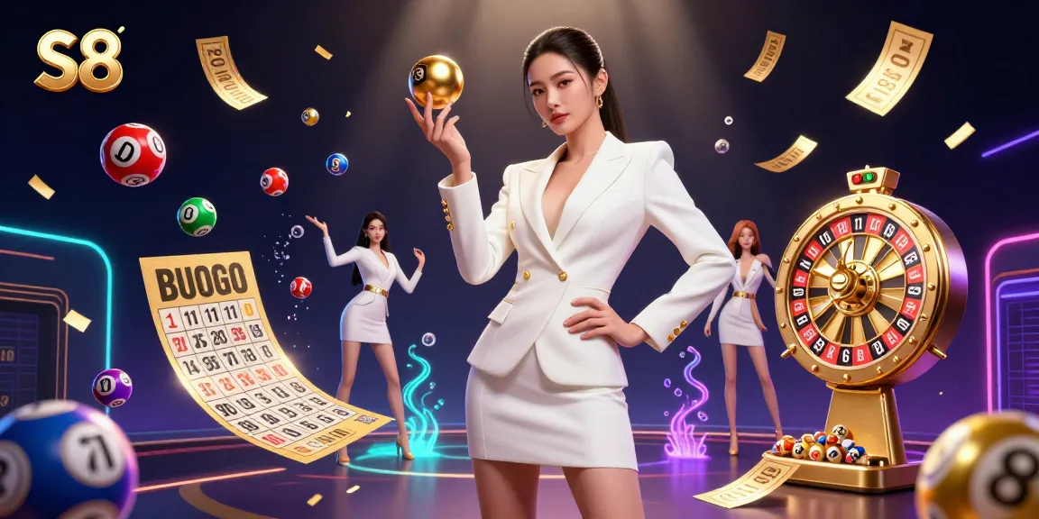 S8 casino promotion featuring a confident Asian woman holding a roulette ball amidst colorful lottery elements.
