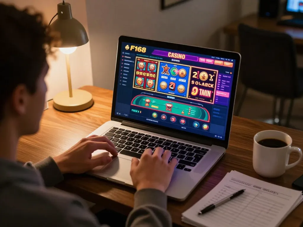 F168 player engaged with online poker game in a cozy home setting