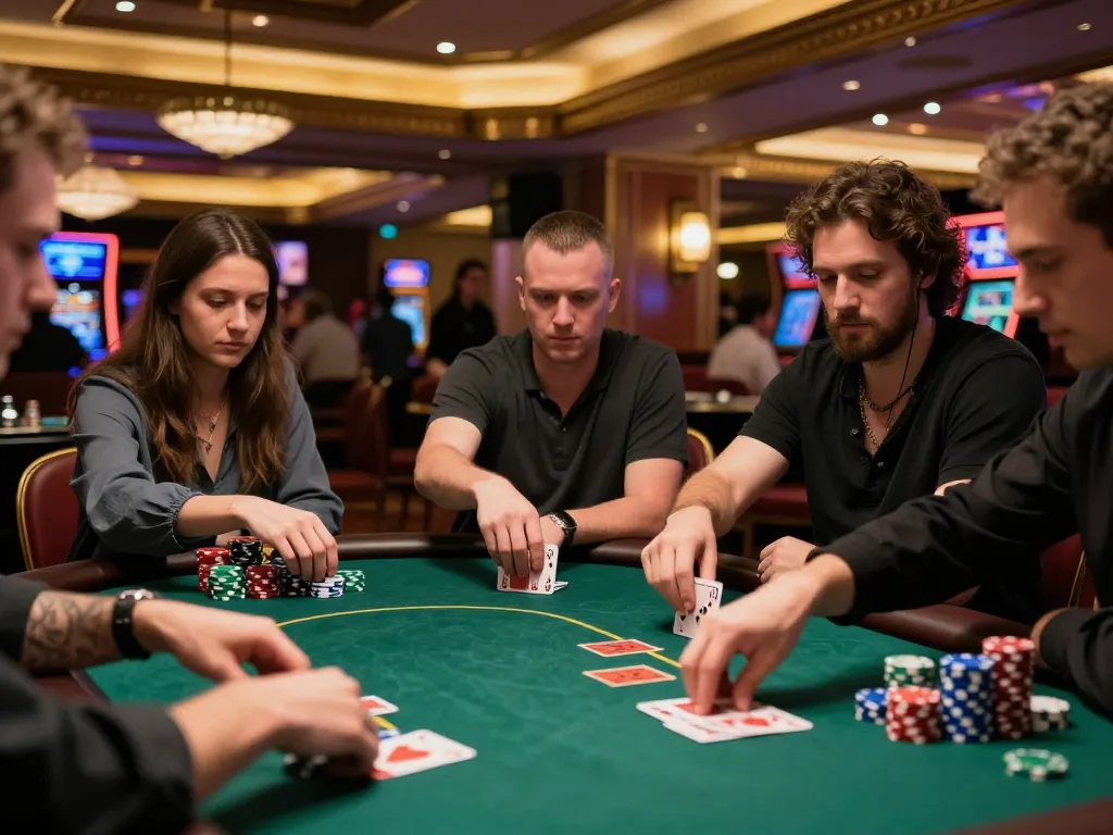 Players strategizing during an intense B52 poker game at a vibrant casino
