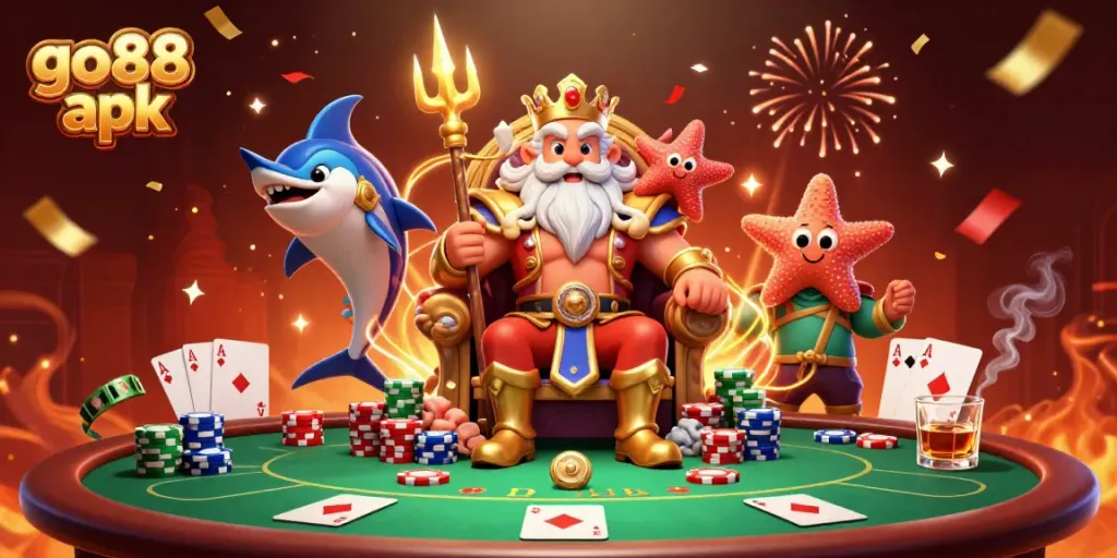Experience casino excitement with go88 apk, featuring Neptune and samurai in an atmosphere of celebration.