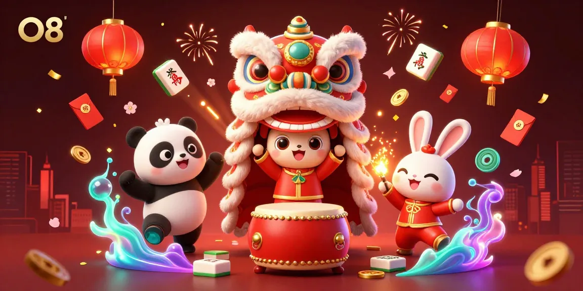 Experience thrilling online gambling at O8 with vibrant lion dance characters and rich casino decorations.