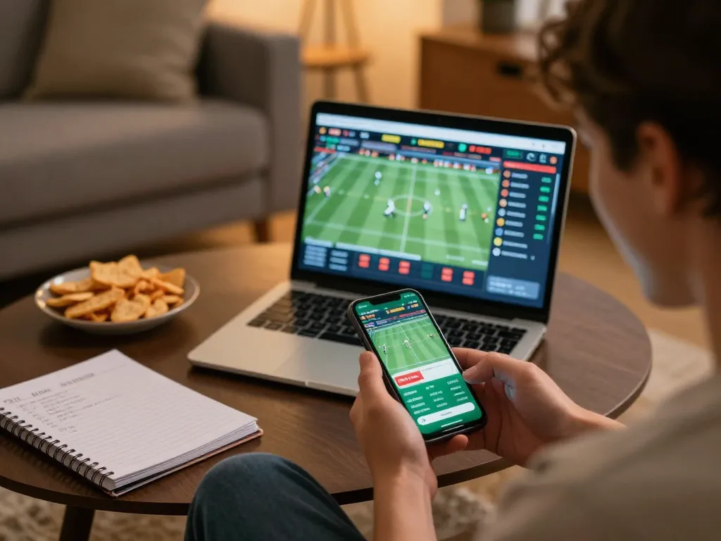 sbobet11 user betting on sports via smartphone in a cozy home setup