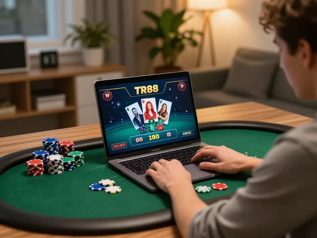 Player engaging with TR88 online casino interface on laptop surrounded by gaming chips in cozy setting.