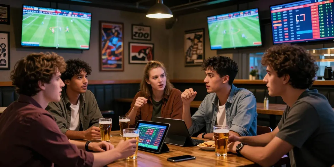 Enthusiastic bettors discussing ty le keo nha cai in a vibrant sports bar with live football matches.