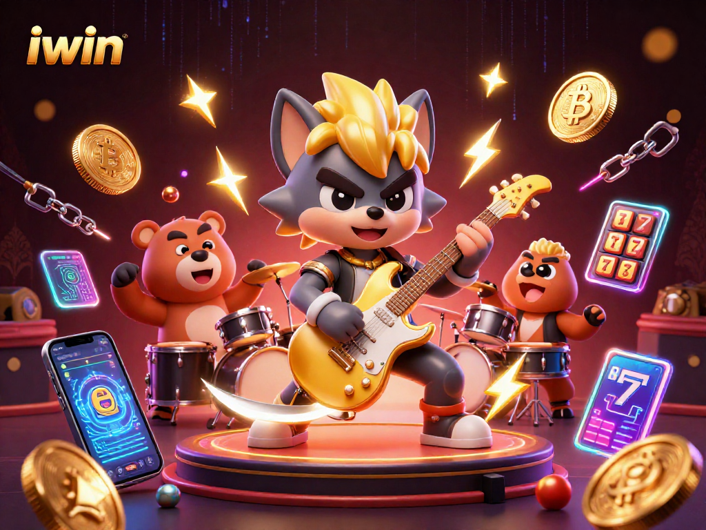 Experience thrilling iwin action as a rock star wolf and drummer bear perform on a vibrant casino stage.