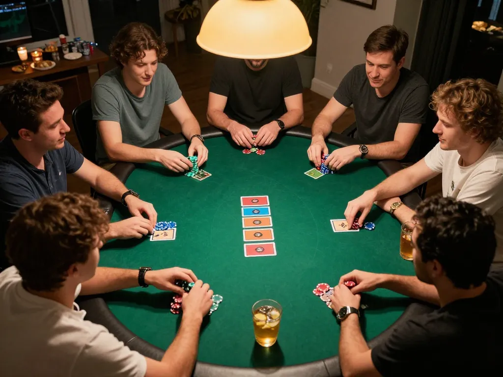 Engaged players focused on poker game at home, showcasing strategy and excitement with okfunb.