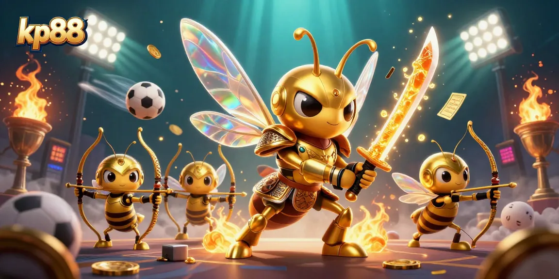 Experience thrilling action at kp88 with a vibrant 3D scene of a golden hornet samurai and bee archers.