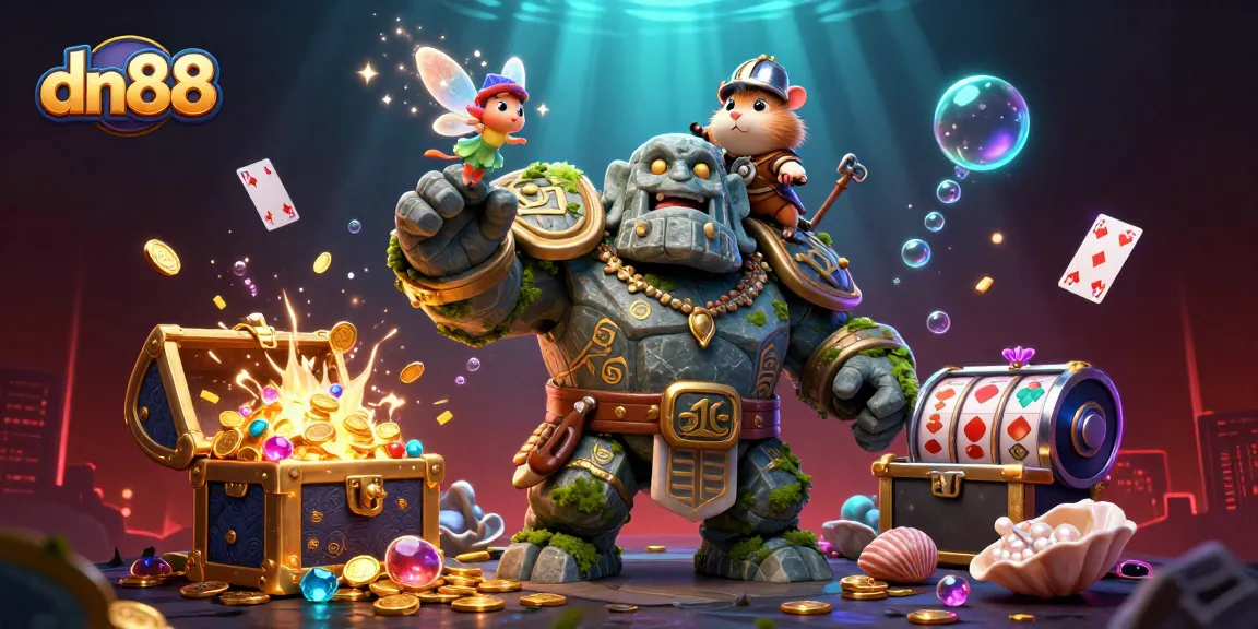 Engage with dn88’s vibrant world of exciting games and rich treasures showcased in a dynamic underwater casino scene.