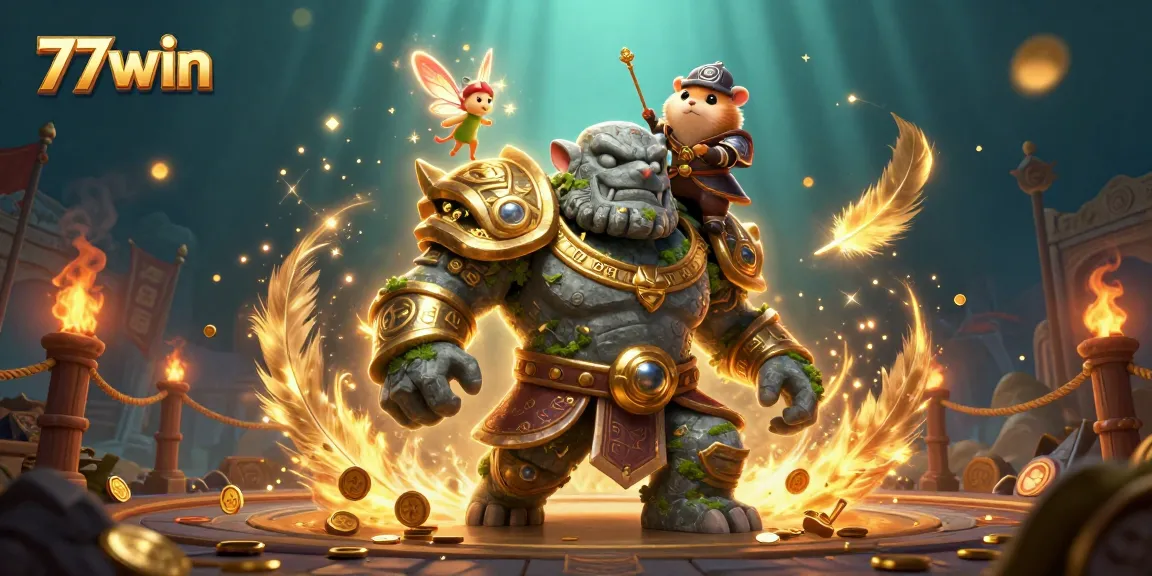 Spin and win at 77win with a dynamic casino adventure illustration featuring vibrant characters and magical elements.