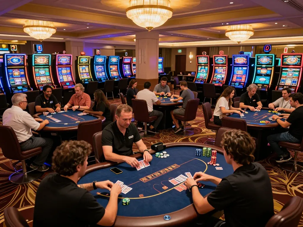 Gambling at the OKFUN casino with players at poker tables enjoying an exciting game.