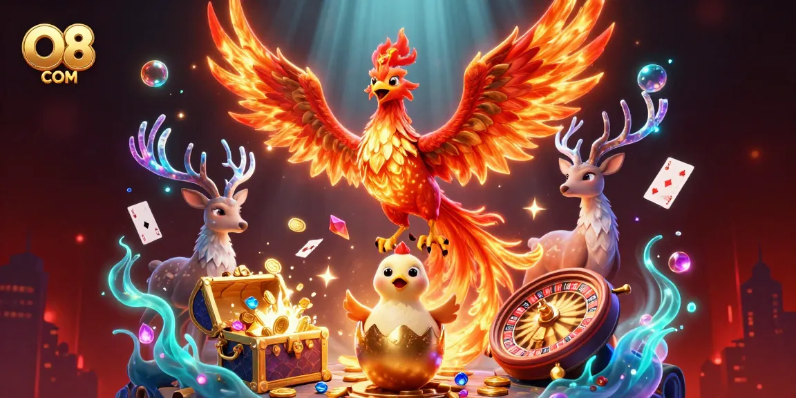 Experience the thrill of O8 COM with a phoenix and stag in a vibrant casino scene filled with treasures.