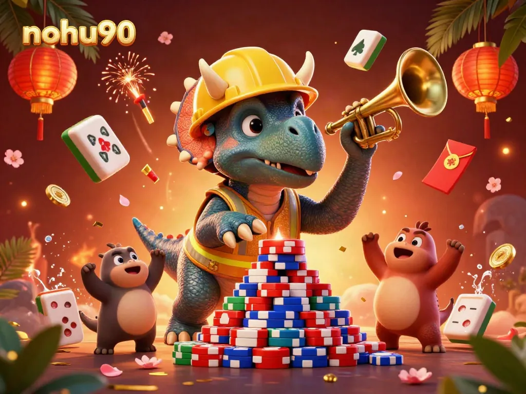 Celebrate with nohu90 as the triceratops builds a poker chip pyramid amidst cheering companions.