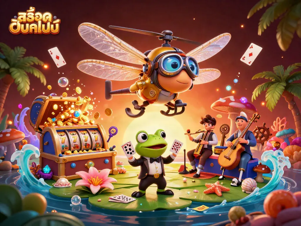 Experience thrilling สล็อตออนไลน์ action with a vibrant 3D scene of a dragonfly pilot and a frog croupier