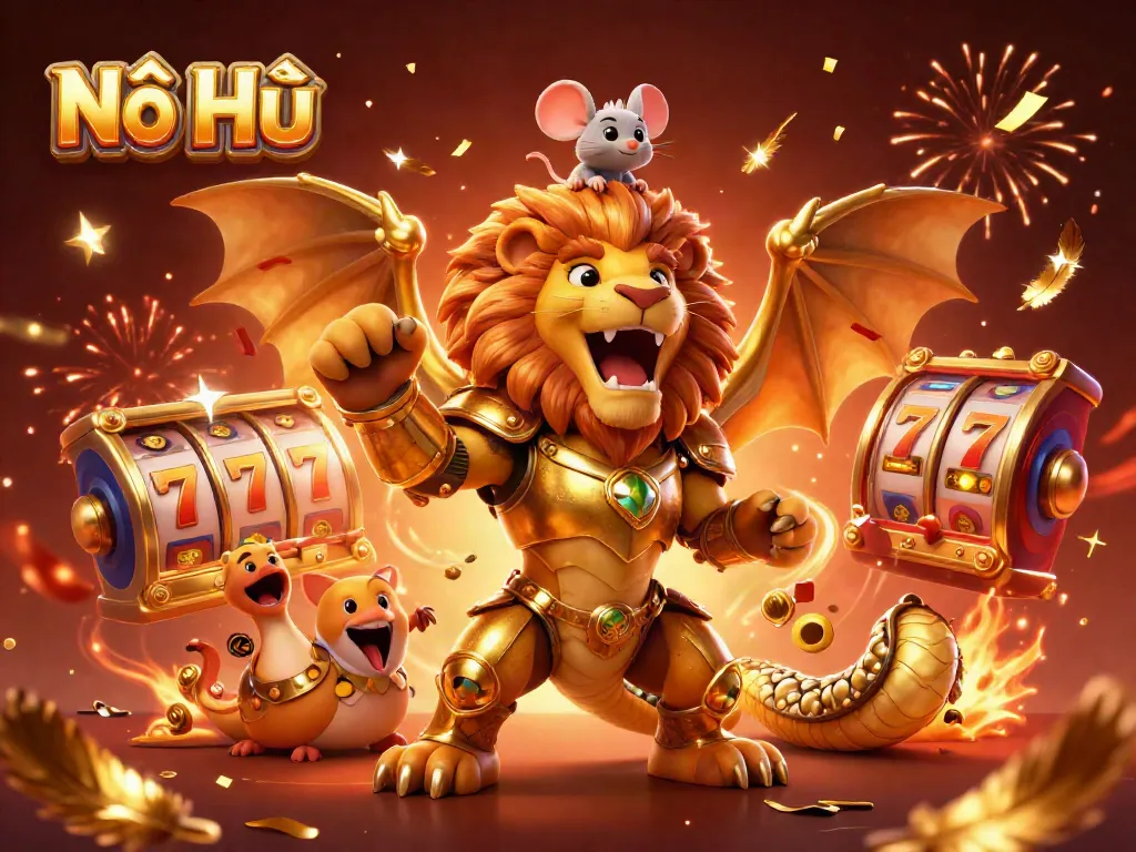 Engaging Nổ Hũ scene with a triumphant chimera and vibrant slot game elements, celebrating wins.