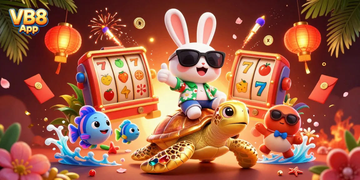 Play exciting games on the VB8 App with lucky rabbit and golden turtle in a vibrant scene.