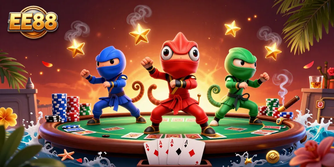 EE88 showcases a dynamic 3D scene with ninja chameleons engaging in poker, vivid colors and details highlighting the action of the casino