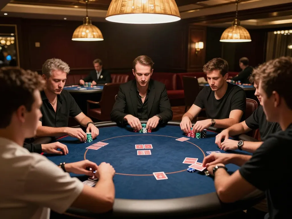 Players strategizing in a gk88 poker game, showcasing an upscale game night atmosphere.