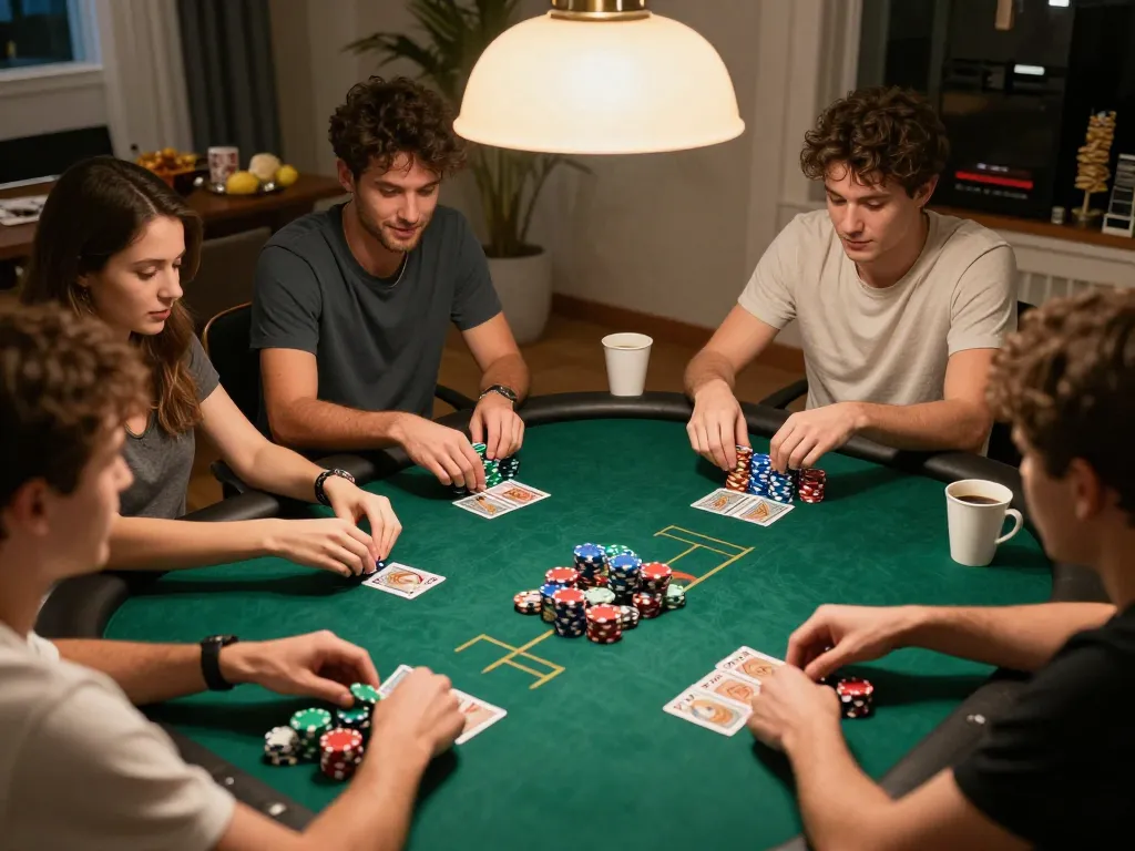 Engaging friends play poker in a lively home game night scene at 78WIN.
