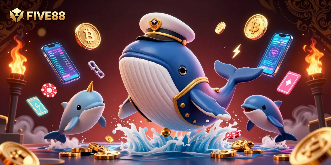 Engage in winning strategies with FIVE88’s vibrant 3D casino scene featuring playful sea creatures.